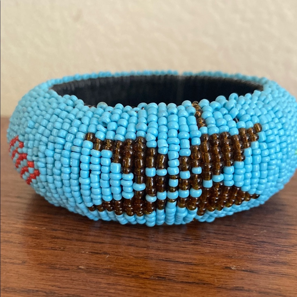Vintage 70s Native American Blue Brown Red Green Beaded Bangle Bracelet